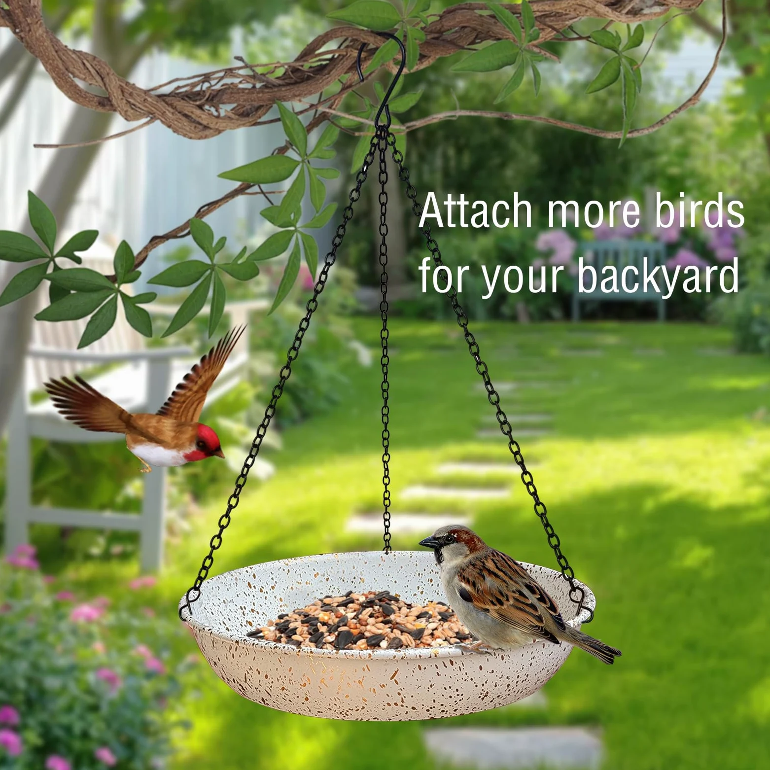 Baños colgantes para pájaros, comedero colgante para pájaros para exteriores, comedero de metal para pájaros silvestres de 11 pulgadas con cadenas negras para decoración de jardín y patio