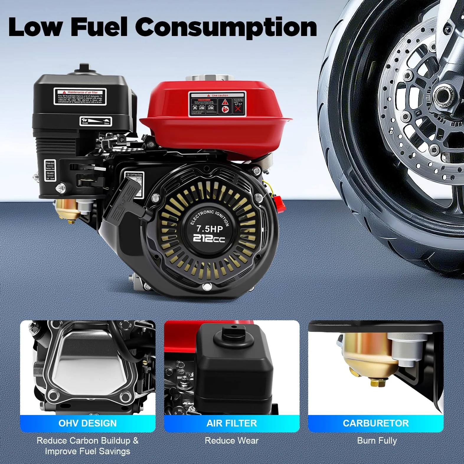 Motor de 7,5 CV Go Kart de 4 tiempos, motor de gasolina, motor estacionario, motor de karting, 4 kW, refrigerado por aire, con protección contra falta de aceite, motores estacionarios, motores