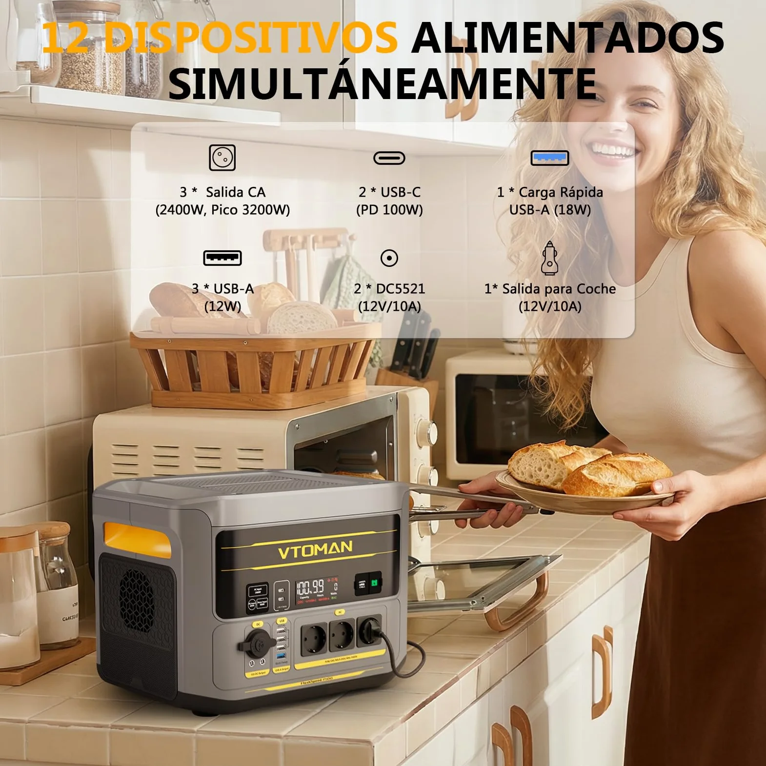 VTOMAN FlashSpeed 2400 Estación de Energía Portátil con 400W Panel Solar | 1408Wh Generador Solar, 3 CA de 2400W, Cable de Arranque, Carga Rápida 0-100% en 1 H, Acampada, RV, Apagones, Embacaraciones