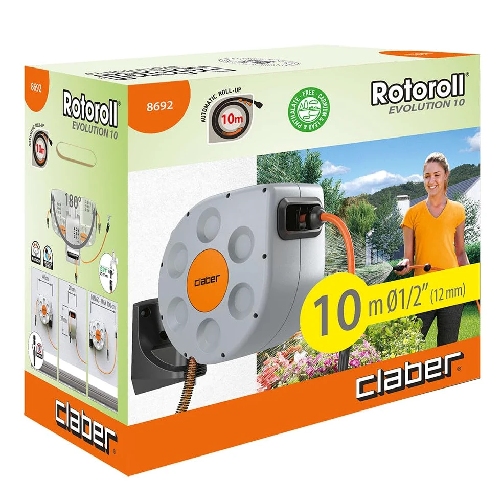 Claber Rotoroll Evolution 10 m, Soporte portamanguera automático para montaje mural provisto de Slow Rewind
