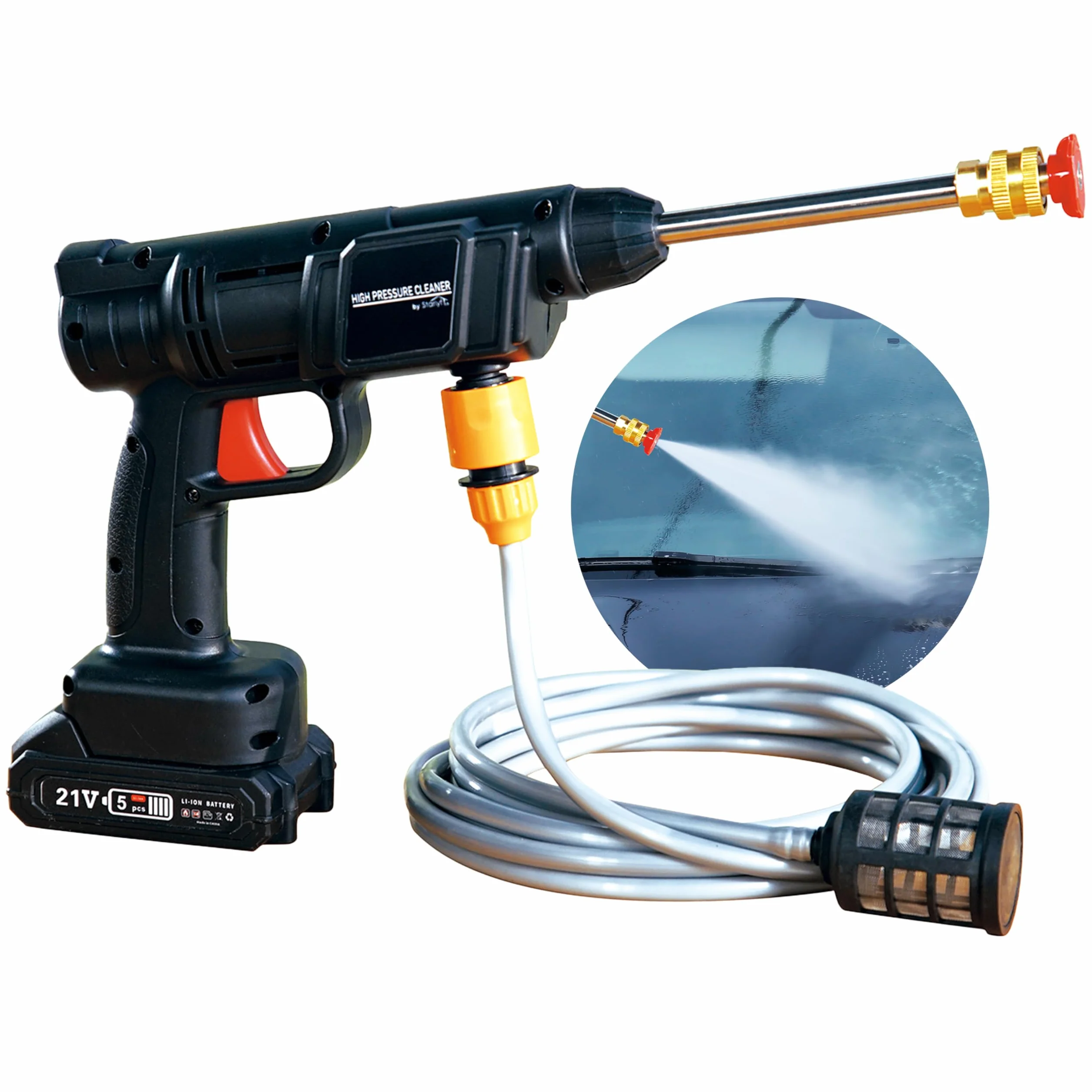 Press & Clean: Pistola de lavado de Alta Presión Portátil Sin Cables, Recargable. Accesorios: Cargador, Manguera presurizada con filtro, Dispensador jabón, Adaptador botellas, 2 Boquillas atomizadoras