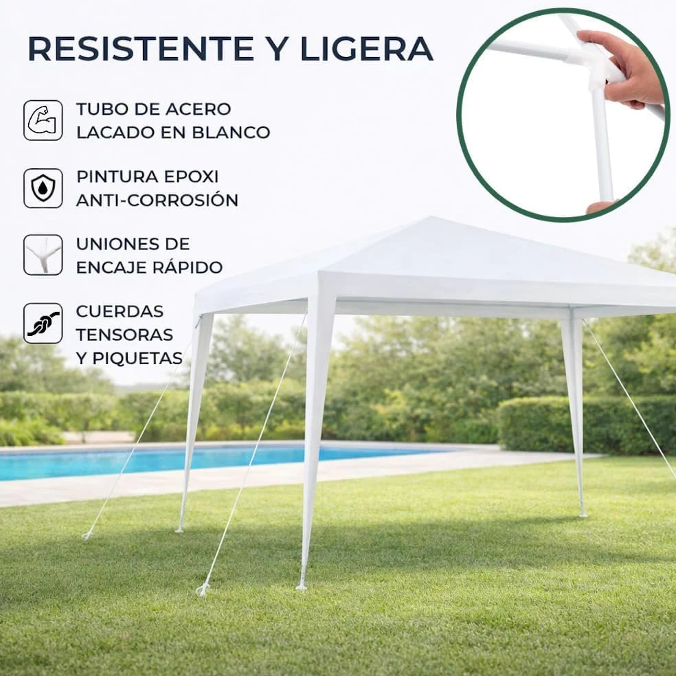 Carpa Desmontable 3x3 m Impermeable Blanca Estructura de Acero Resistente Cubierta de Rafia