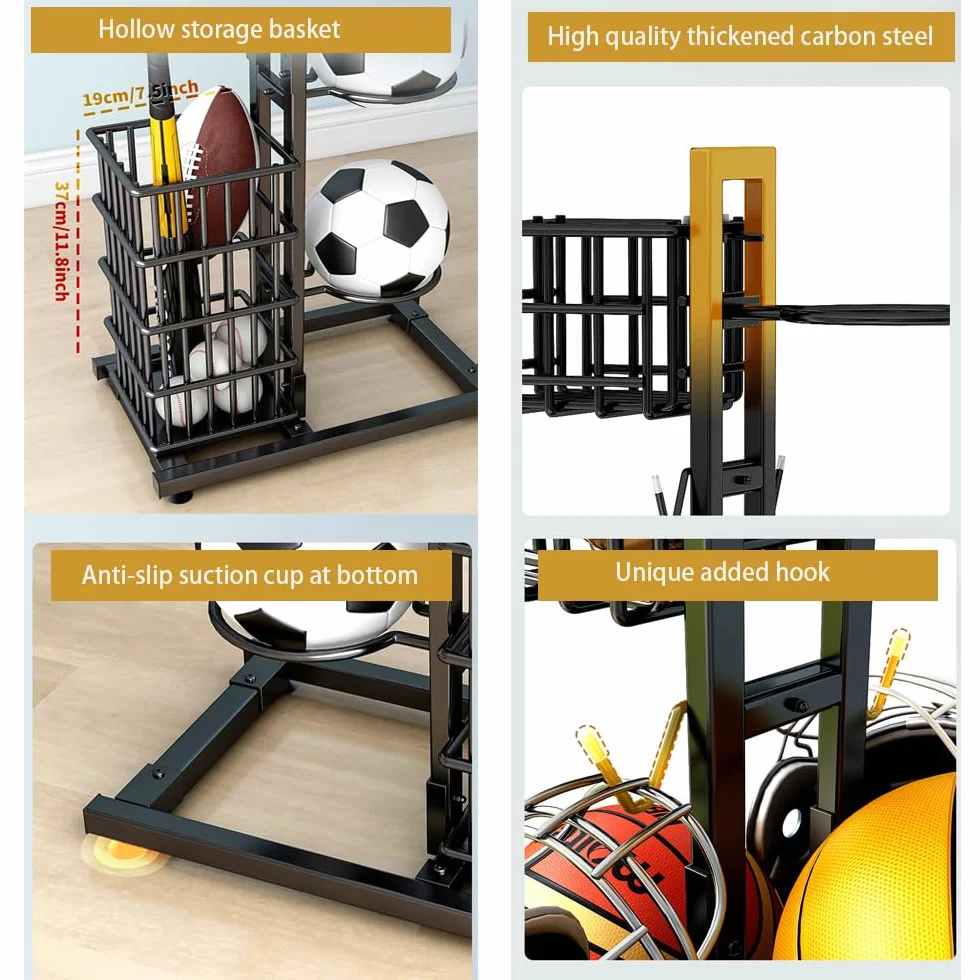 Soporte de Baloncesto y Fútbol, Organizador de Garaje para Equipos Deportivos, Estante de Almacenamiento Vertical con 7 Soportes y 2 Cestas