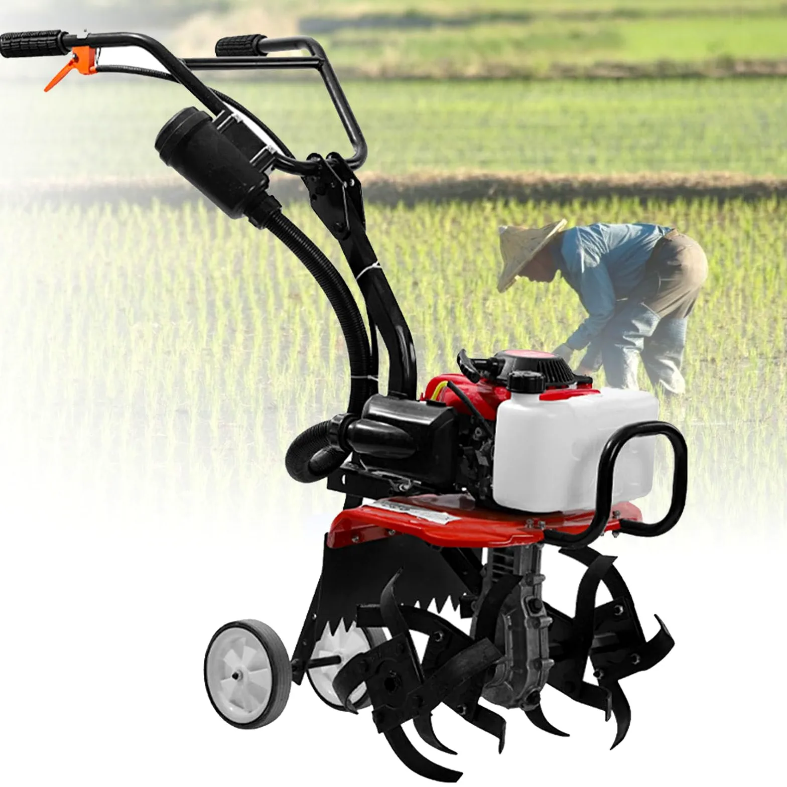 Cultivador de jardín de gasolina, cultivador doméstico portátil, motocultor y motocultor para arar el jardín de su casa.