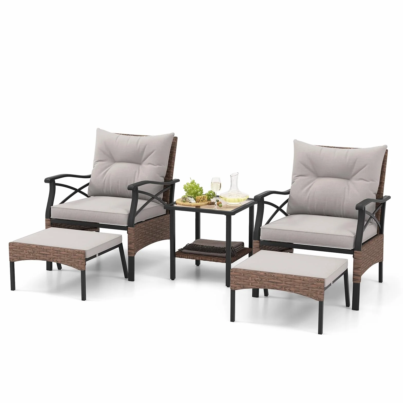 COSTWAY Conjunto Mesa y Sillas Jardin 5 Piezas de Ratán,1 Mesa Auxiliar de Vidrio Templado, 2 Sillas de Ratán PE y 2 Otomanas, Cojines Extraíbles,Conjunto Jardin Exterior Balcon Terraza (Marrón+Gris)
