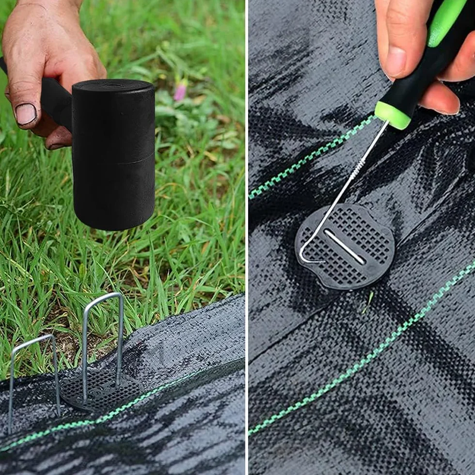 100 Piquetas+100 Arandelas+1recoger Gancho+1 martillo,Clavijas de Jardín en Forma de U,Estacas de Jardín Antirust,Clavos Jardín,Grapas Césped Artificial,Grapas de Jardín para Malla Antihierbas