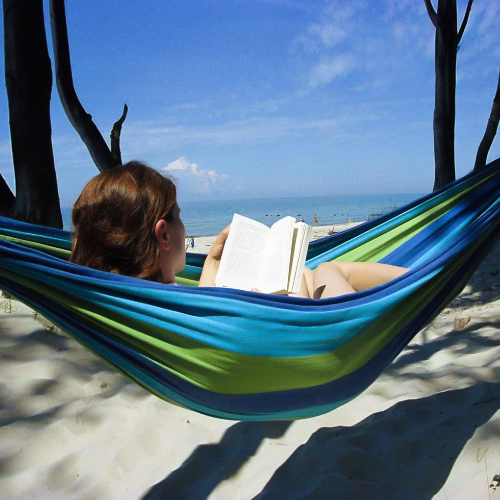 Hamacas Dobles, Hamacas Colgantes Jardin al Aire Libre Cama Portátil de Lona con Cuerdas para Acampar Capacidad de 300kg, para Jardín Patio Trasero Playa Mochileros,280 x 150 cm,Azul