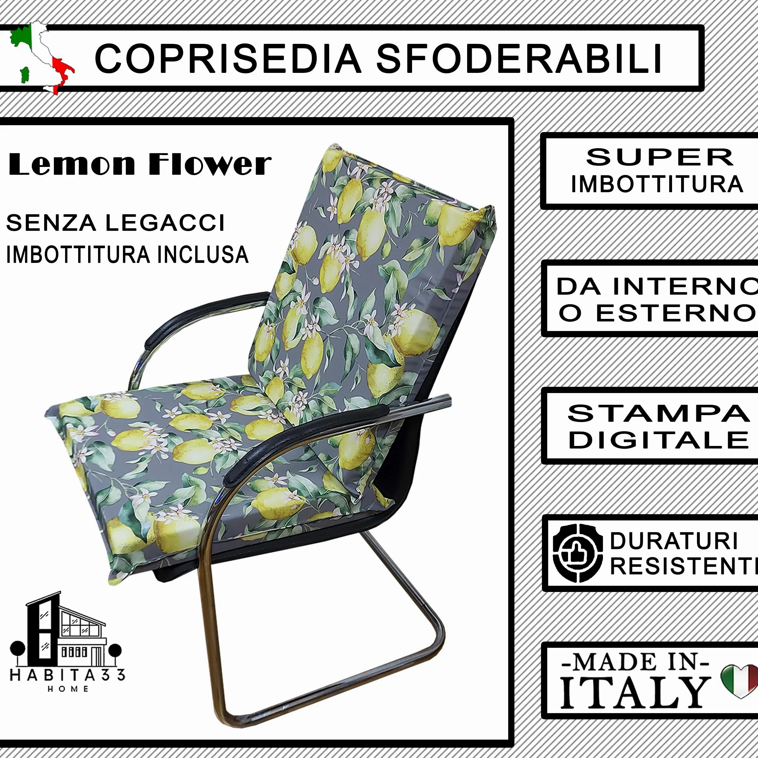Cojines para Sillas de Jardín – Set de 4 (50x50x8 cm) – Fundas con Cremallera Desenfundables y Lavables – Asiento Cómodo para Exteriores – Fabricación Italiana (4, Lemon Flower)