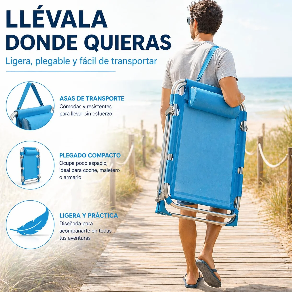 TIENDA EURASIA Pack 2 Sillas de Playa Plegables, Reclinables con 4 Posiciones, Refuerzo Antivuelco en Patas, Reposacabezas, Textileno, Azul Turquesa, 48x62x85 cm