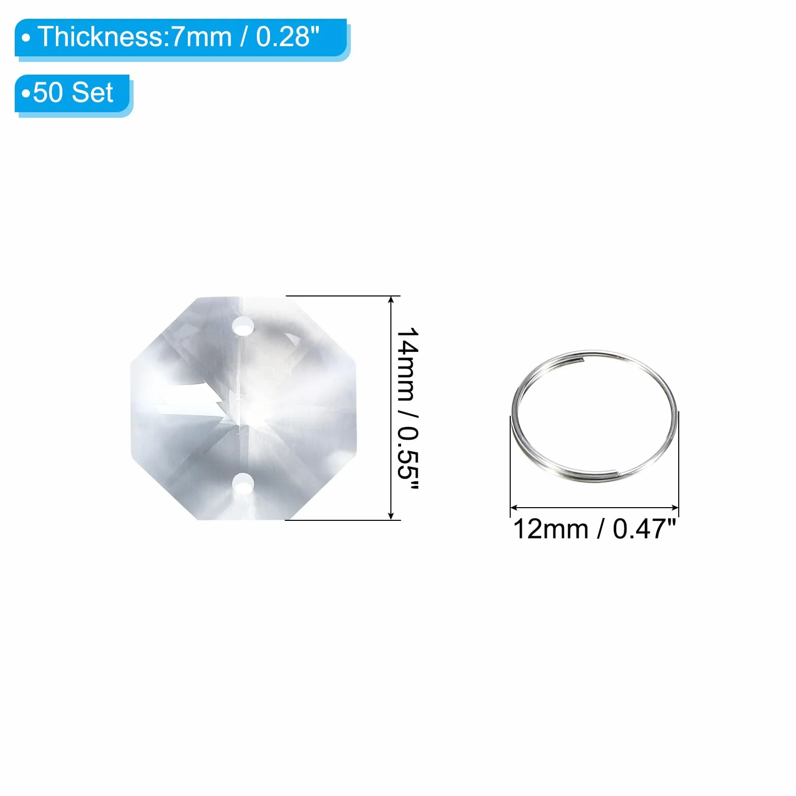 PATIKIL Abalorios de Cristal K9 en Forma de Octágono con 2 Agujeros y Anillo, Paquete de 50 Unidades de 14 mm, Piezas de Prismas de Lámpara de Araña, Transparente