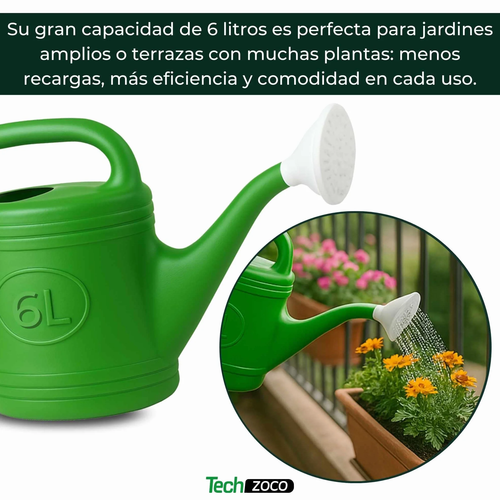 TECHZOCO Regadera de plástico, Regadera para Interior y Exterior, regadera de jardín, Diseño con Pico, Accesorio de riego, Asa de Transporte, Cabezal Efecto Lluvia, Verde, 6 litros