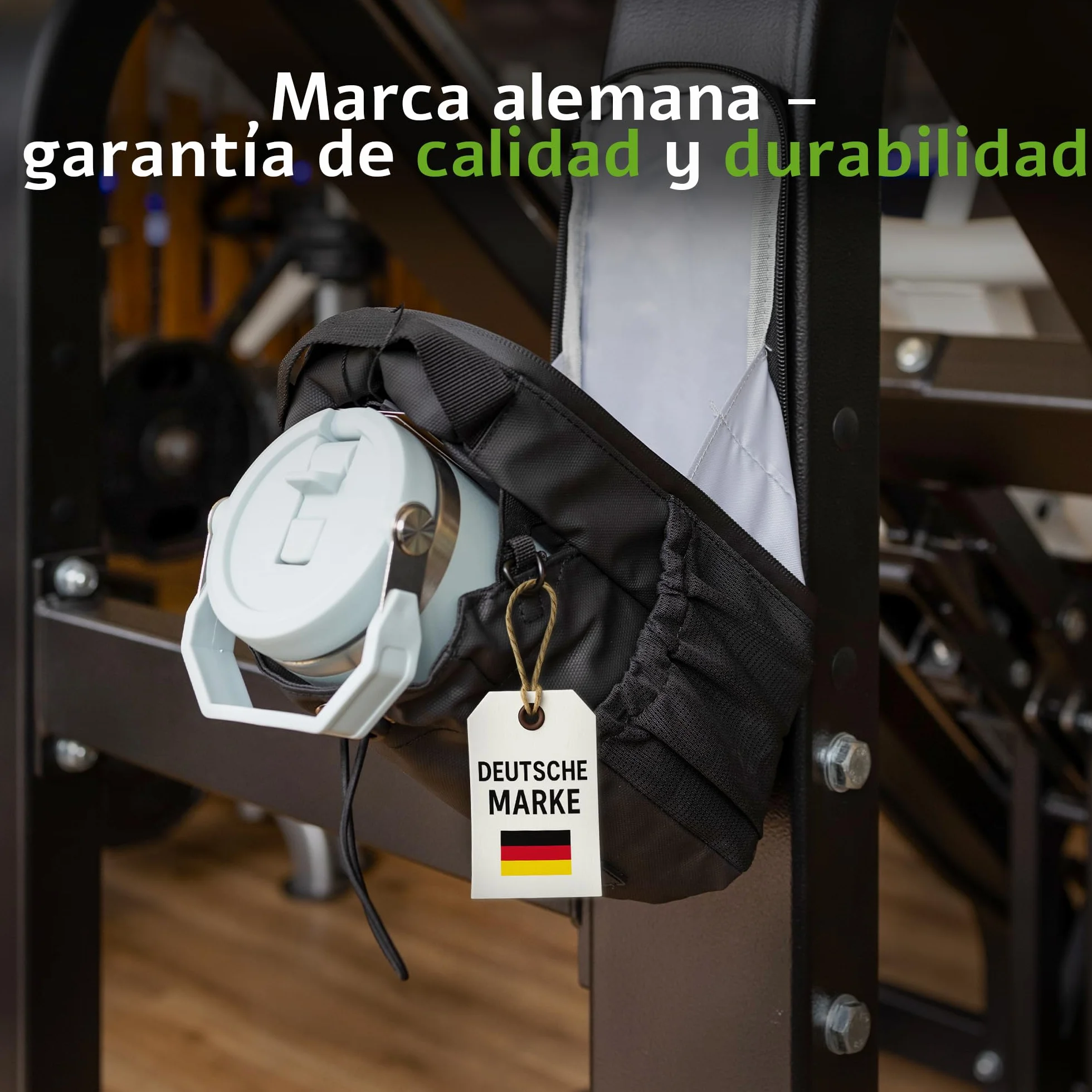 Bolsa Deportiva Magnética para Gimnasio con Soporte para Botella 1,5 L, Correa Ajustable, Negro