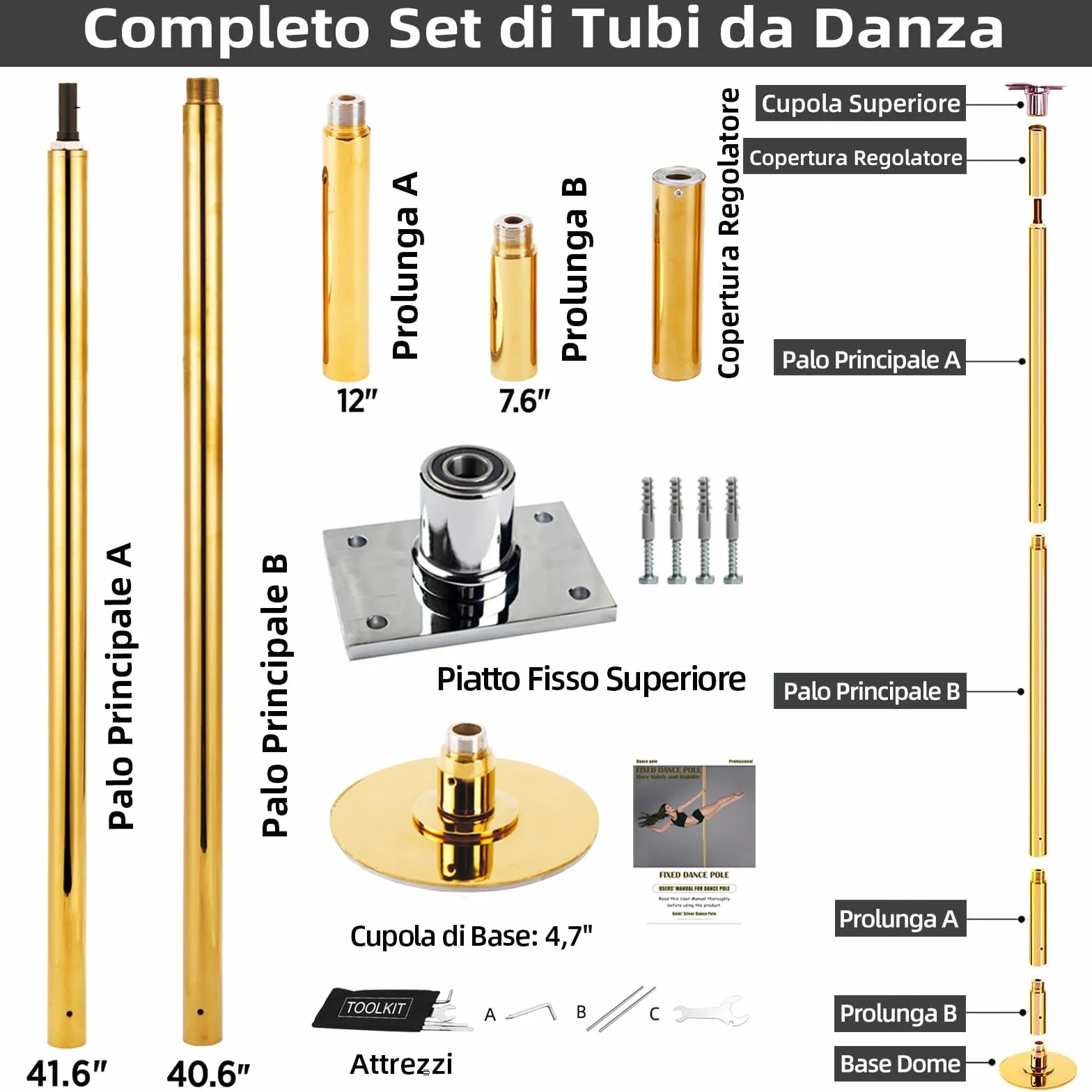 PRIOR FITNESS Poste de Baile Profesional 45 mm 2,35-2,74 m Rotativo/Estático