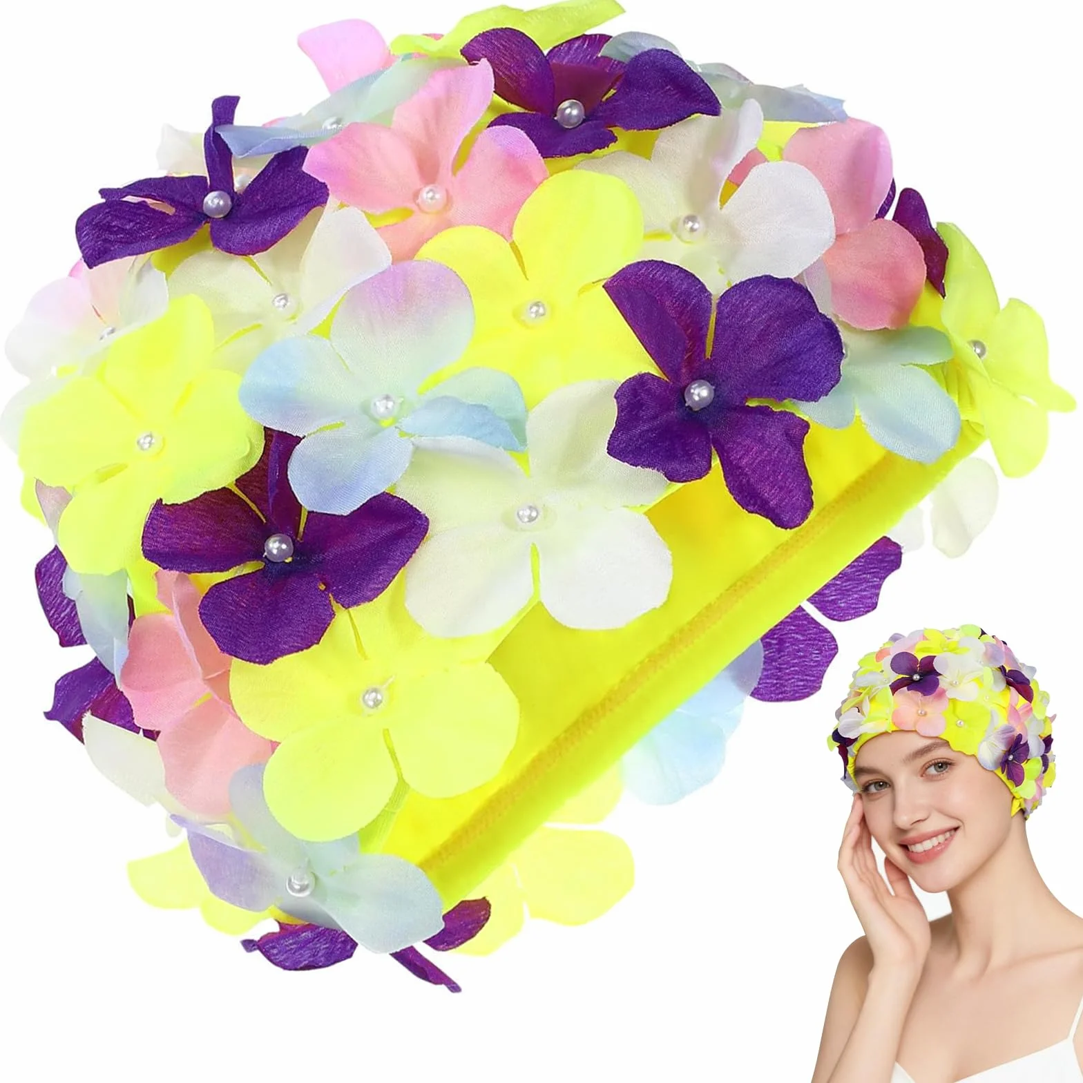 Gorro Natación Mujer con Flores 3D Nylon Ligero Elástico Retro Cómodo Cabello Largo Corto