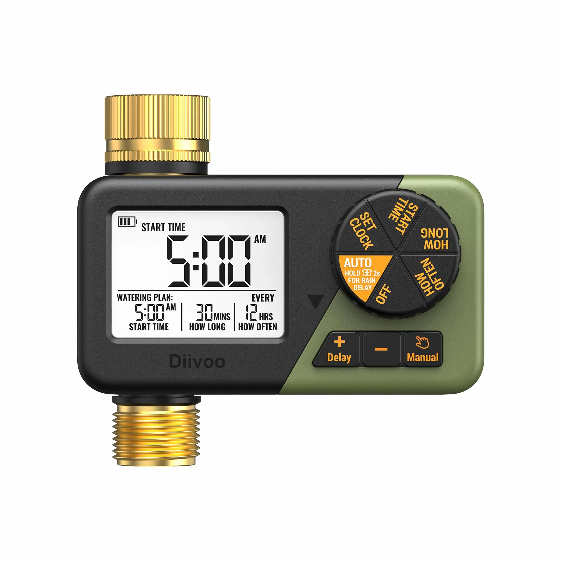 Diivoo Programador Riego con Entrada y Salida de Latón, Temporizador Riego Automatico con Impermeable IP66, Retraso por Lluvia, Riego Manual, Programador de Riego a Pilas para Jardín, Césped
