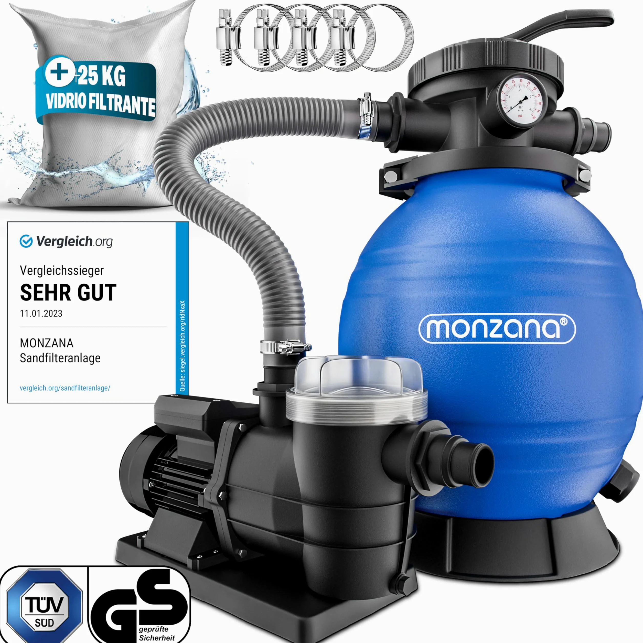 MONZANA Depuradora Piscina 9.600L/h | Filtro Arena 30.000L, Vidrio Filtrante, Valvula 7 Funciones Filtrado, 400W, Bomba, Indicador Presión, Adaptador Ø32-38mm