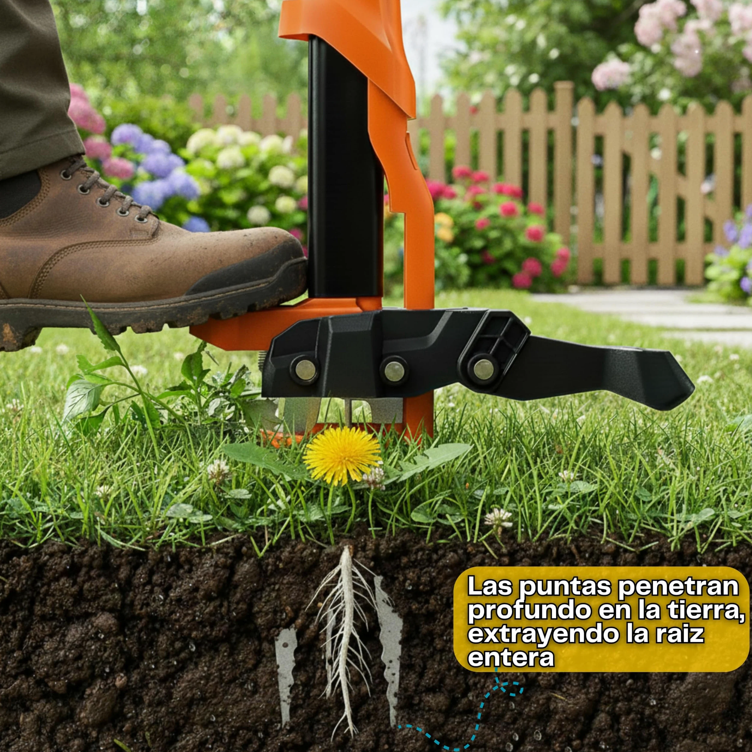 Extractor Malas Hierbas con 4 Puntas de Acero Ultrarresistente y Eyector de Plantas | Herramienta para Quitar Malas Hierbas Jardin Sin Agacharte Y Sin Esfuerzo. Deshierbador Manual Largo 100 Cm