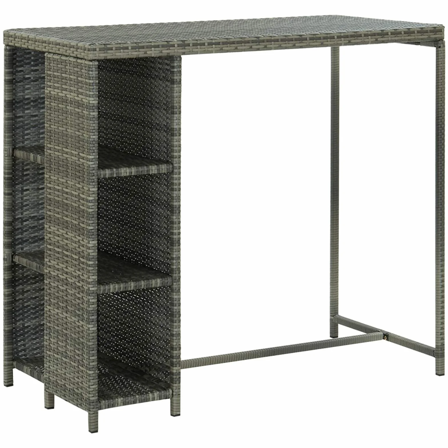Festnight Juego de Bar de Mimbre para Exteriores de 5 Piezas, Mesas Altas y 4 Taburetes con Cojines, Muebles de Bar Jardín Exterior, Mesa con Tapa Lisa y Estante de Almacenamiento Gris#3