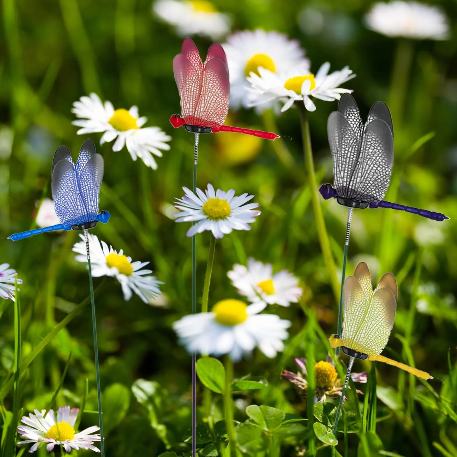12 estacas de decoración de jardín de libélula – Púas florales de mosca de dragón falsa para decoración de tartas, libélulas – Mosca de dragón 3D para interiores y exteriores, regalo