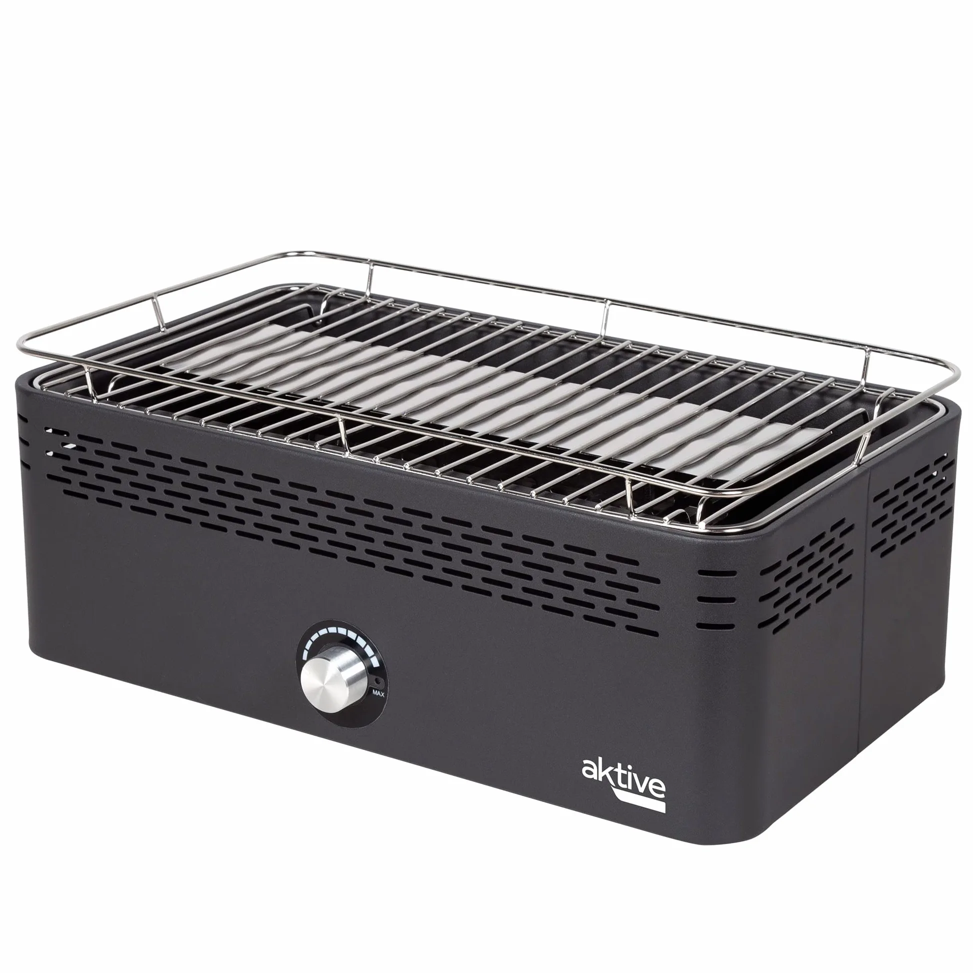 Aktive - Barbacoa Portátil a carbón recargable a pilas sin Humo Negra rectangular, Protección antigoteo, Medidas 45x28x19cm, Incluye bolsa de transporte, parrilla terraza, balcón (63004)