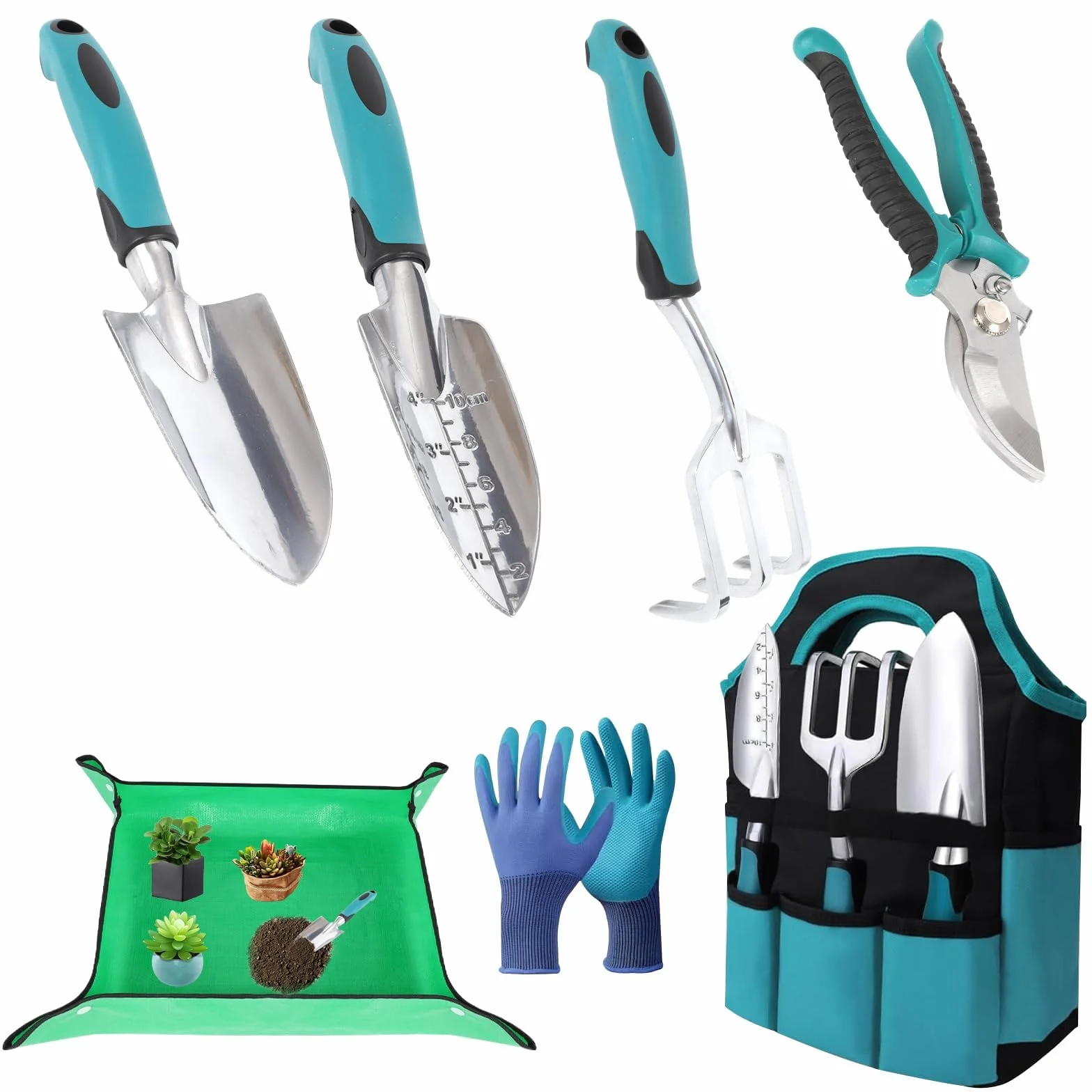 7 Piezas Herramientas de Jardín Kit Jardineria,Kit de Jardinería,Herramientas de Mano de Jardín,para Trasplantar Flores y Verduras,Aflojar el Suelo,Desherbar