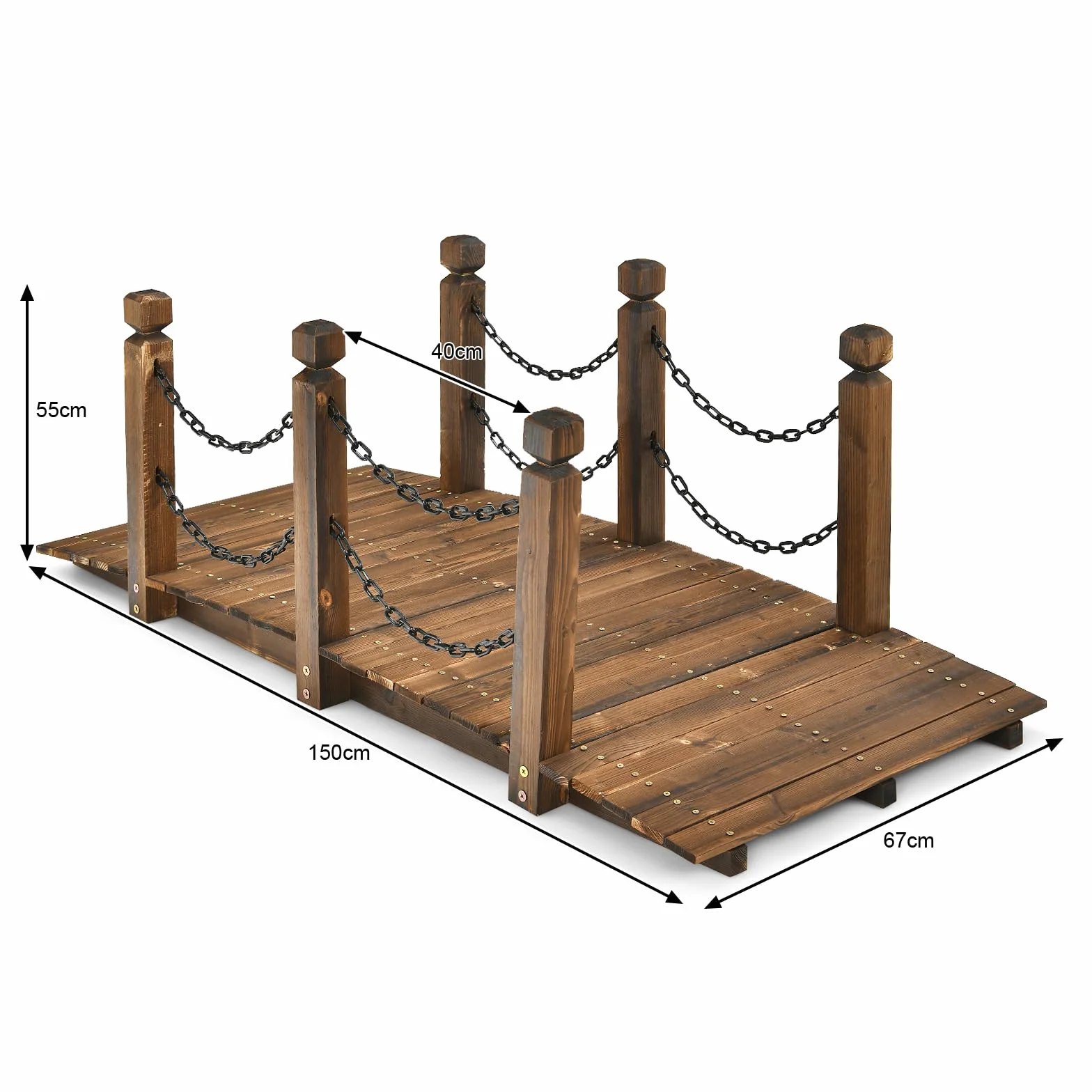 GOPLUS Puente de madera de abeto, 150 x 67 cm x 55 cm, puente para estanque soporta hasta 180 kg, puente de jardín con barandillas y cadenas, puente para jardín, parque, patio trasero