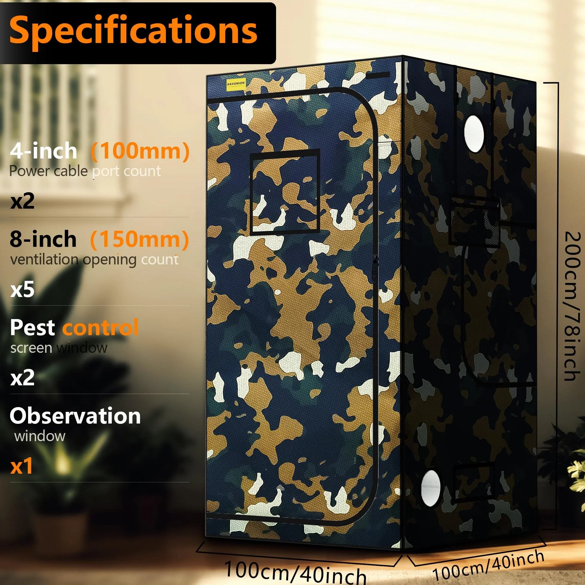 Tienda de campaña de crecimiento de 100 x 100 x 200 cm, camuflaje 600D Oxford Grow Tent con capa reflectante de poliéster, tubos de acero de 19 mm, ventanas de ventilación, suelo extraíble, tienda de
