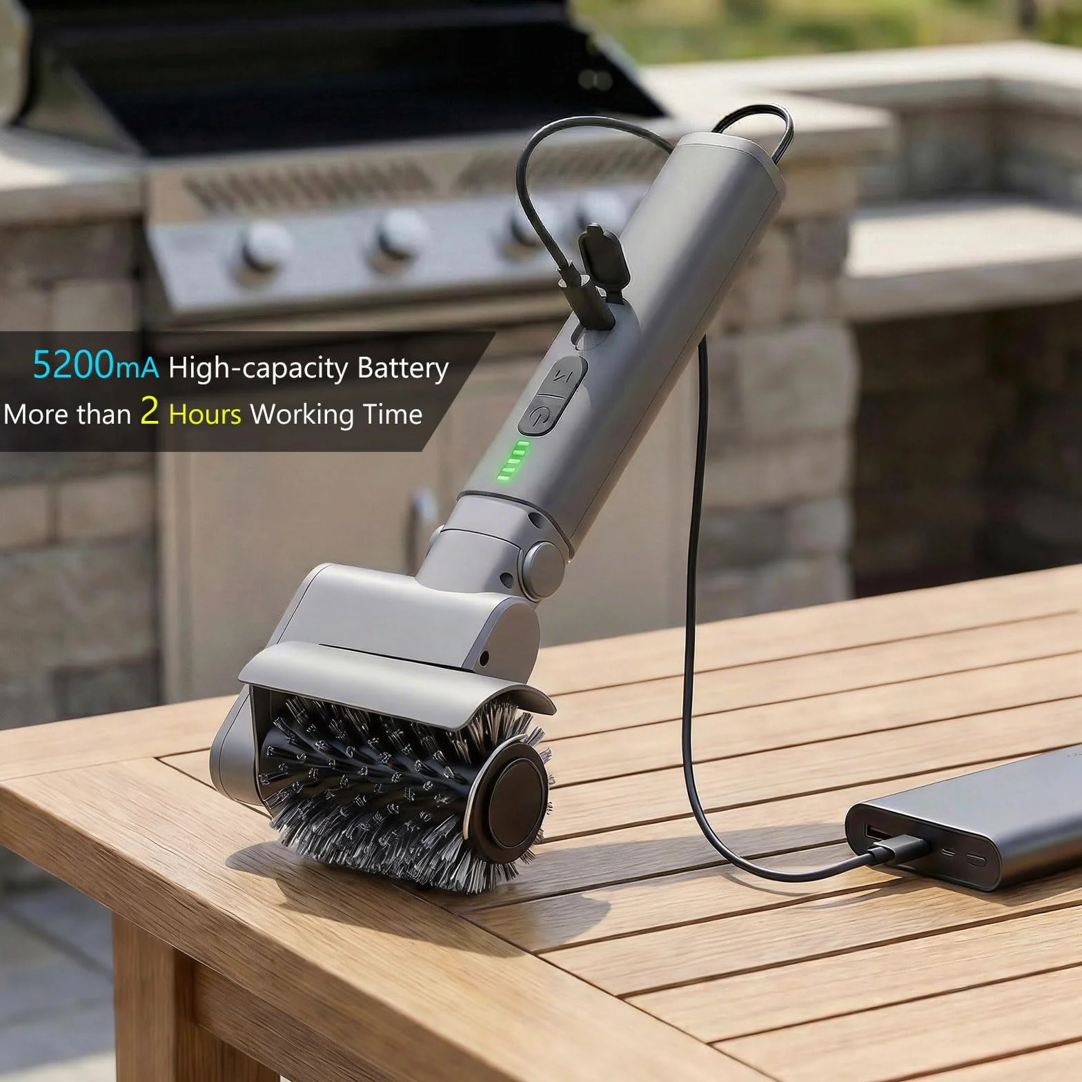 Kit de Cepillo Eléctrico para Barbacoa 3 en 1 – Limpiador de Parrilla Inalámbrico con Cabezales de Metal Reforzados – 2 Horas de Batería, Impermeable y Apto para Lavavajillas – Color Gris Claro
