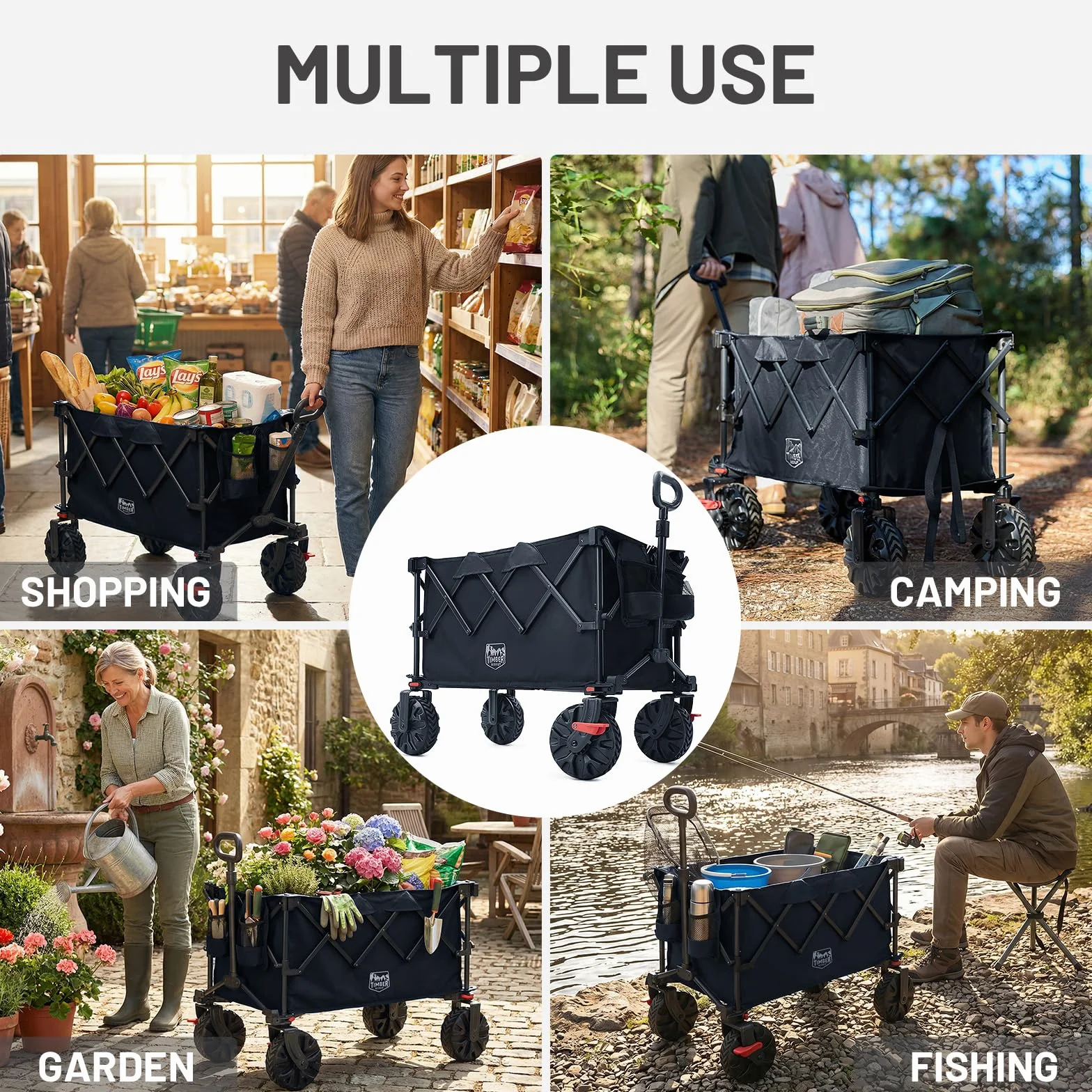 TIMBER RIDGE Carro plegable XXL de 250 L, neumáticos anchos con frenos, 150 kg, con soporte para bebidas, para camping, compras, jardín