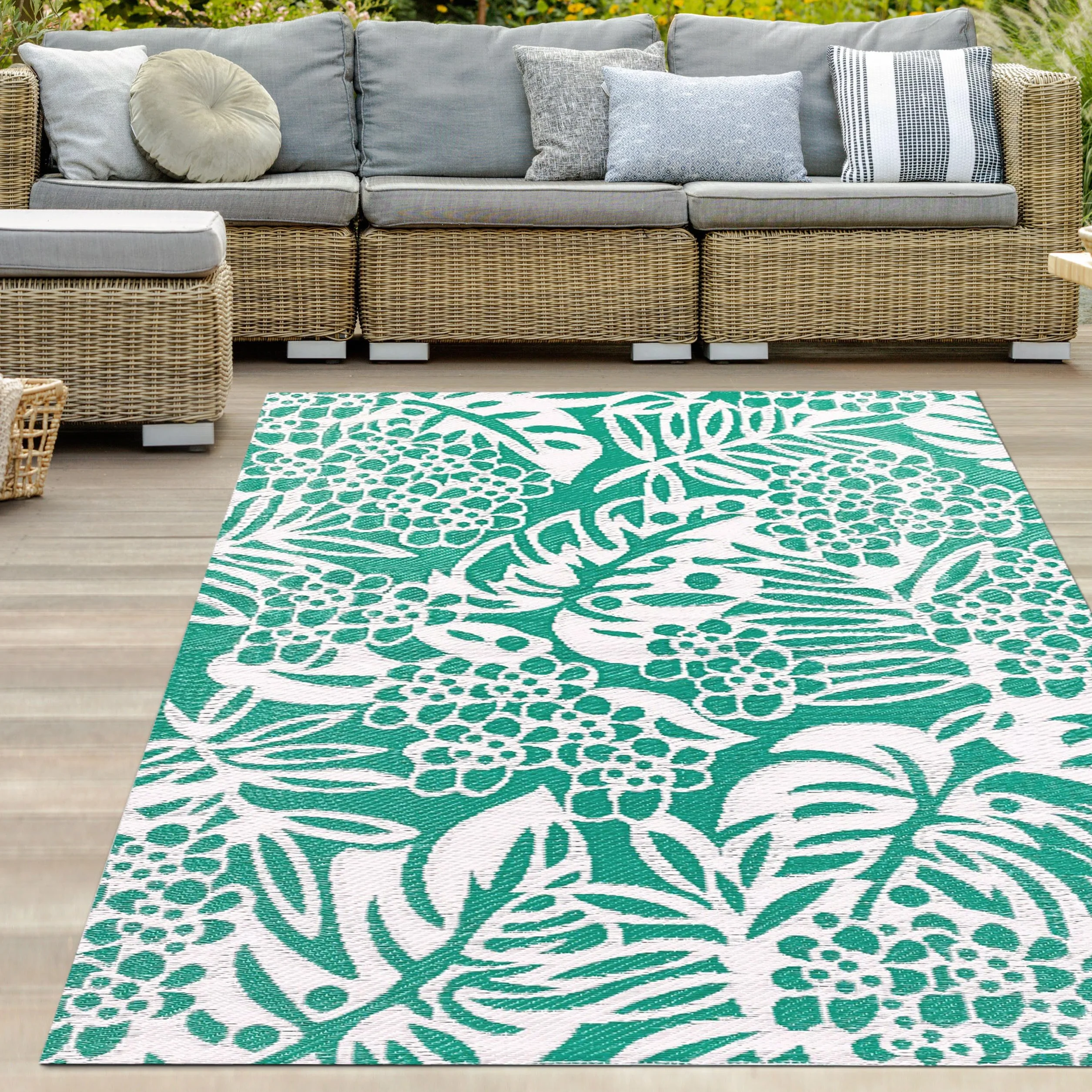 Teppich-Traum Alfombra para toldo de plástico Grande XXL Resistente a la Intemperie Impermeable Camping Caravana diseño Hoja Petrol 240 x 340 cm