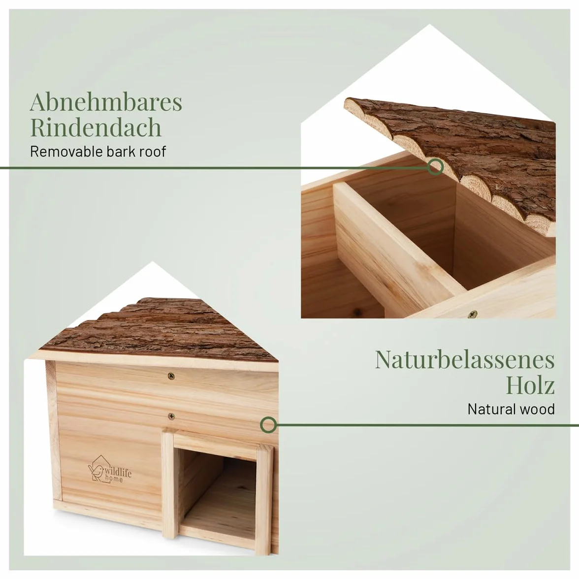 wildlife home Casa de erizos resistente al invierno de madera con suelo y techo de corteza resistente a la intemperie | Casa de alimentación para erizos | A prueba de gatos | Refugio de invierno para