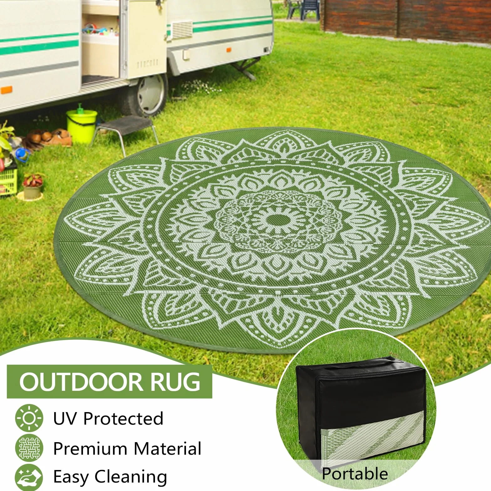 Famibay Alfombra Exterior Impermeable Redondo 180cm Alfombras De Exterior Reversible Plástico Resistente A Los Rayos UV Verde Tapete Terraza Patio Jardin Balcón