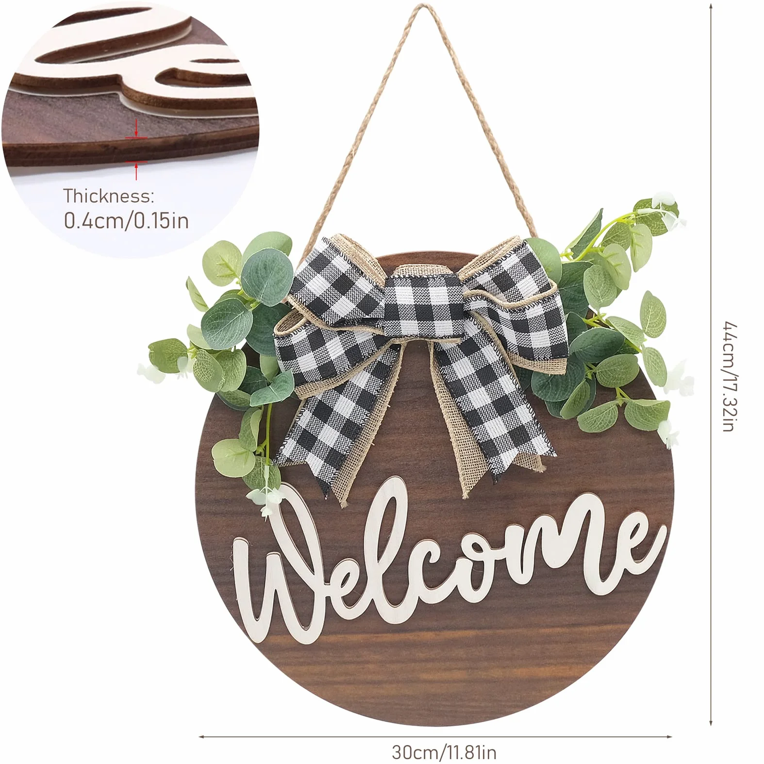 Letrero de Bienvenida Puerta Frontal Señal Madera Redonda Colgante Coronas de Bienvenida con Lazo y Flores para Casa de Campo Porche Decoración de La Puerta Delantera, 30 x 30 cm