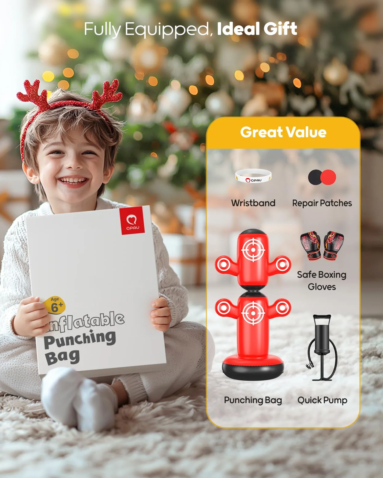 QPAU 64" Inflatable Punching Bag for Kids with Gloves, Pump & 6 Targets, 360° Rotatable Bop Bag