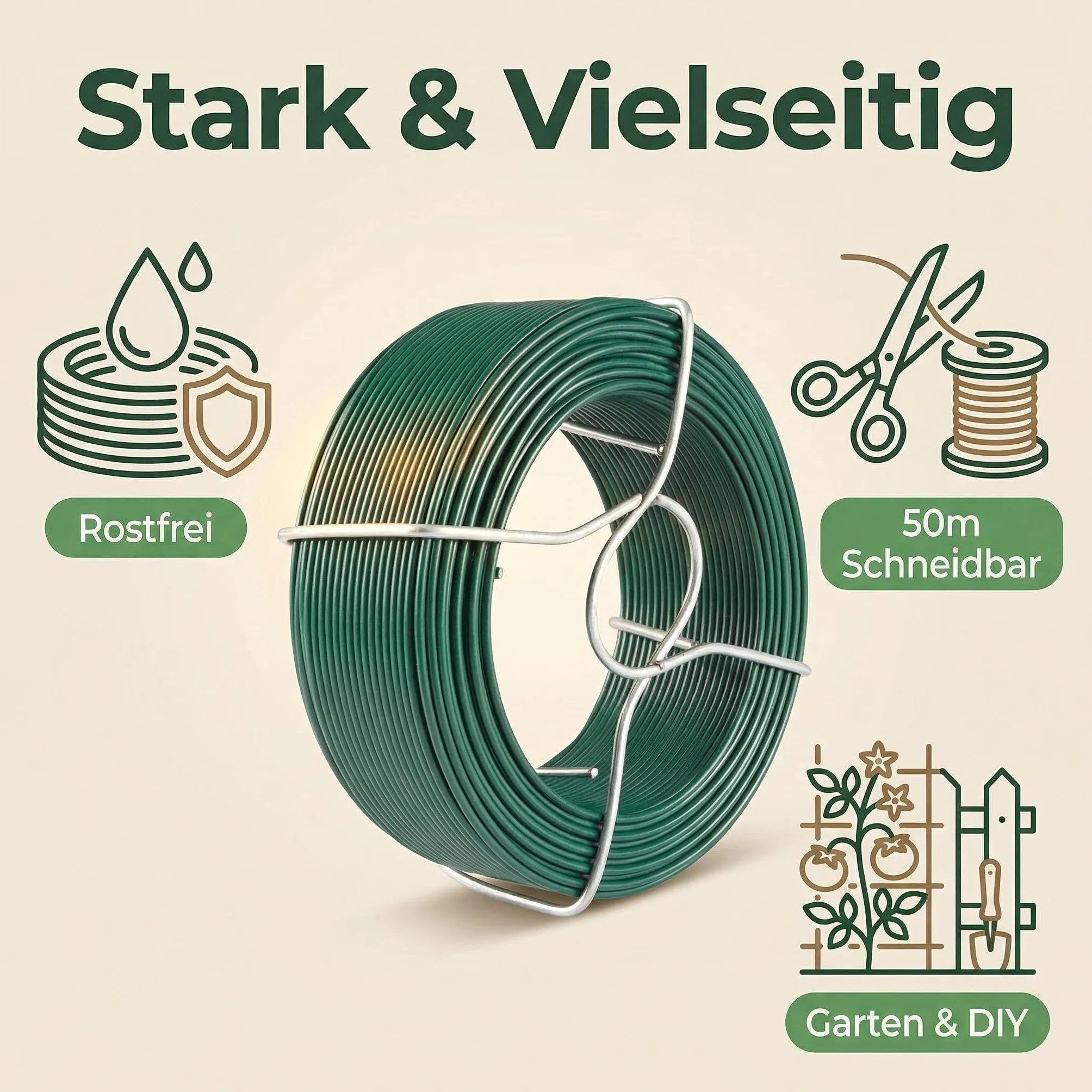 Amagabeli Alambre de Hierro Plastificado Ø0.95mm x 50m, 6 Rollos de Cable Revestido para Jardín y Cercados, Inoxidable de PVC Verde