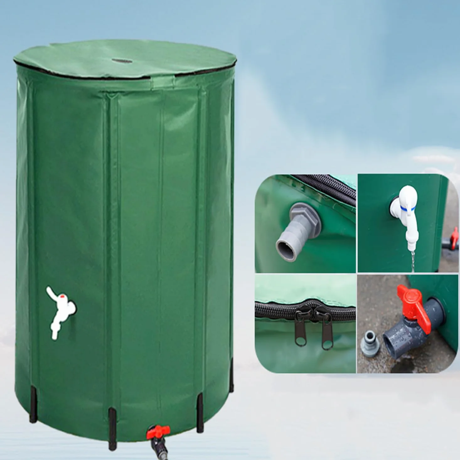 Depósito de recolección de agua de lluvia de 380 L con filtro de malla y grifo, anticorrosión, resistente al moho, a prueba de grietas, ideal para riego de jardín, solución de almacenamiento de agua