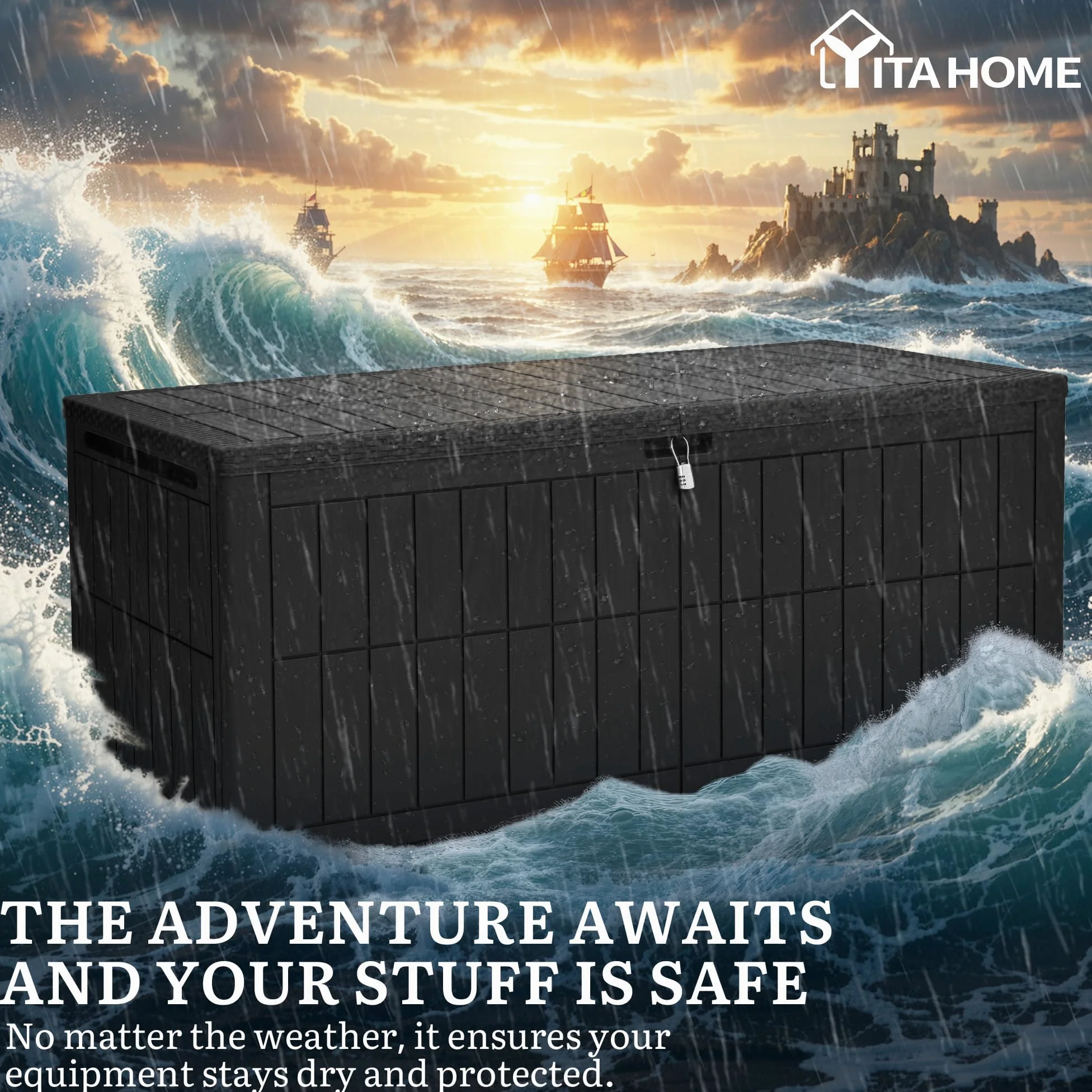 YITAHOME Caja de almacenamiento para exteriores, caja impermeable de 230 galones para herramientas de jardín, cojines de patio y accesorios de piscina, con cerradura, fácil montaje, banco o mesa