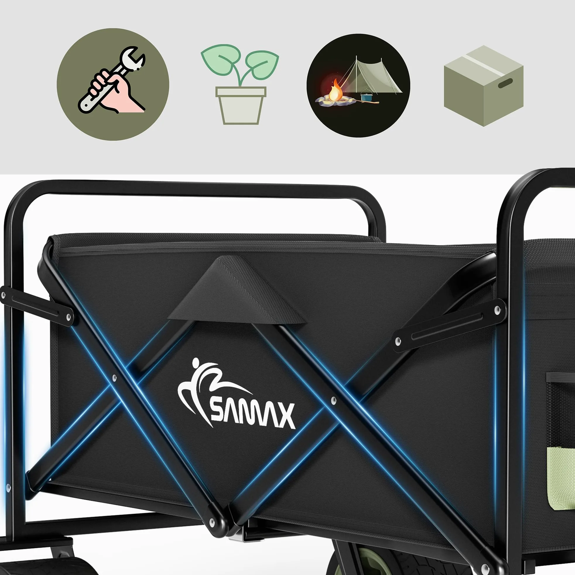 SAMAX Carrito de Offroad a Mano Plegable Coaster Carretillas de Jardín Playa de Carro Offroad 200 kg - Camping Edition Negro/Verde Matcha