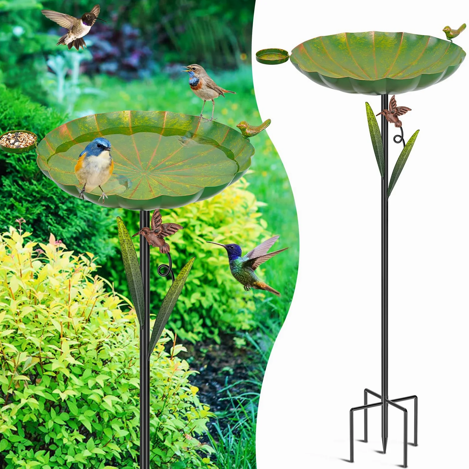 Baño de metal para pájaros para exteriores, base desmontable resistente de 5 puntas con cuenco y pájaros decorativos, comedero de hierro duradero para jardín, patio, decoración de patio (verde