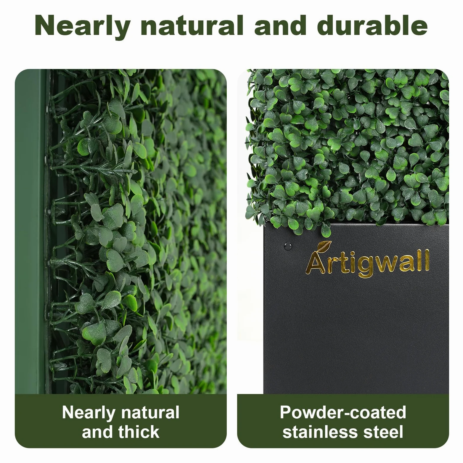 Pared de seto artificial con maceta negra cubierta por popular boj verde oscuro anti-UV, 50 pulgadas de largo x 48 pulgadas de alto x 14 pulgadas de profundidad