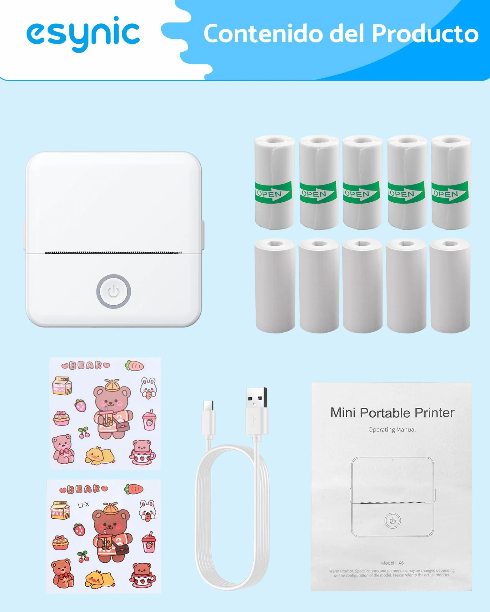 eSynic Mini Impresora Fotográfica Portátil con 10 Rollos Papel, Bluetooth Térmica Sin Tinta