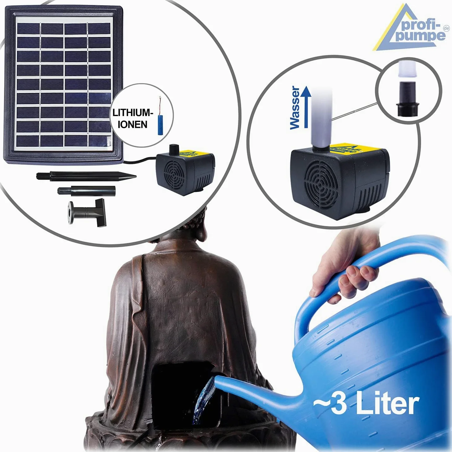 Fuente para Jardin Fuente de Tranquilidad Buda Fuente de Agua con iluminacion Solar para Jardin, terraza, Balcon Buda con Bomba, bateria de Iones de Litio y luz LED