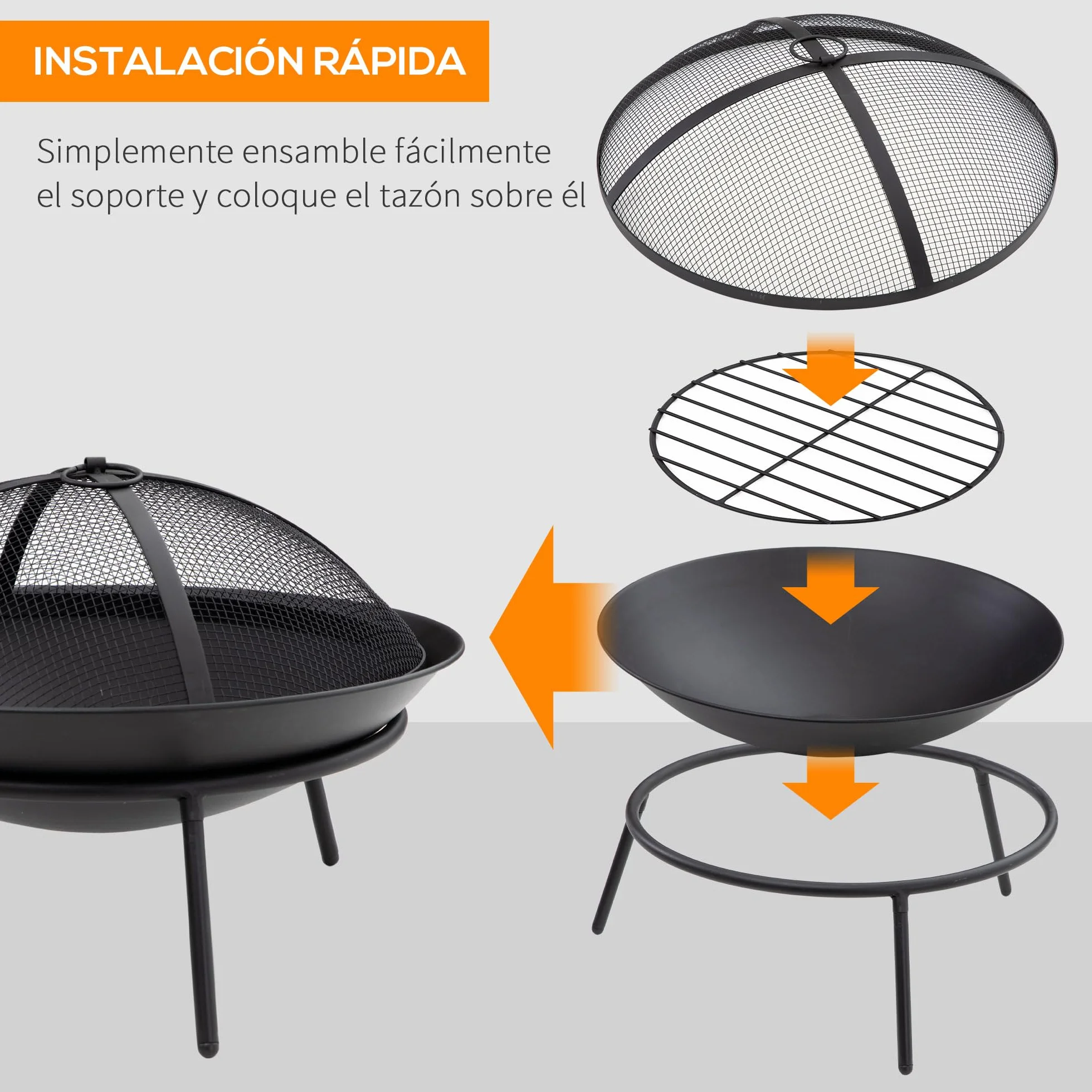 Outsunny Brasero Exterior para Jardín Pozo de Fuego de Metal con Protector de Chispas y Atizador para Hogueras Terraza Camping al Aire Libre Ø47x33 cm Negro