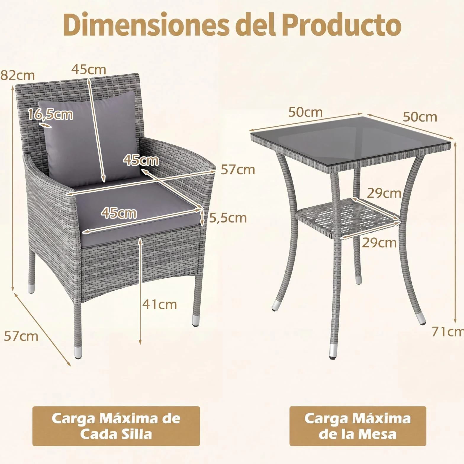 GIANTEX Juego de Muebles de Jardín 3 Piezas, 2 Sillones con Cojines y 1 Mesa con Tablero de Cristal, Conjunto de Muebles de Ratán para 2 Personas, Juego de Bistró para Balcón, Patio (Gris)
