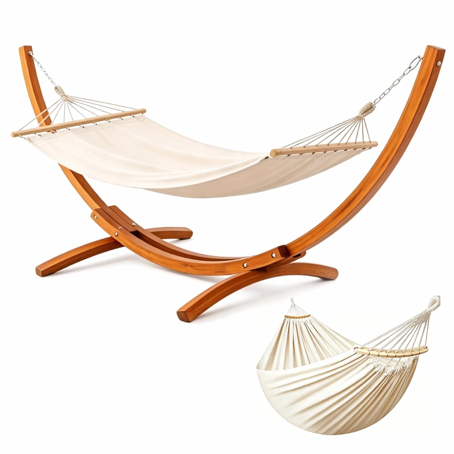 Hamaca con Soporte de Madera, Incluye 2 Hamacas, Carga 200 kg, 320x120x120 cm, Estructura Arqueada Estable de Madera, Altura Ajustable, para Jardín, Terraza y Balcón