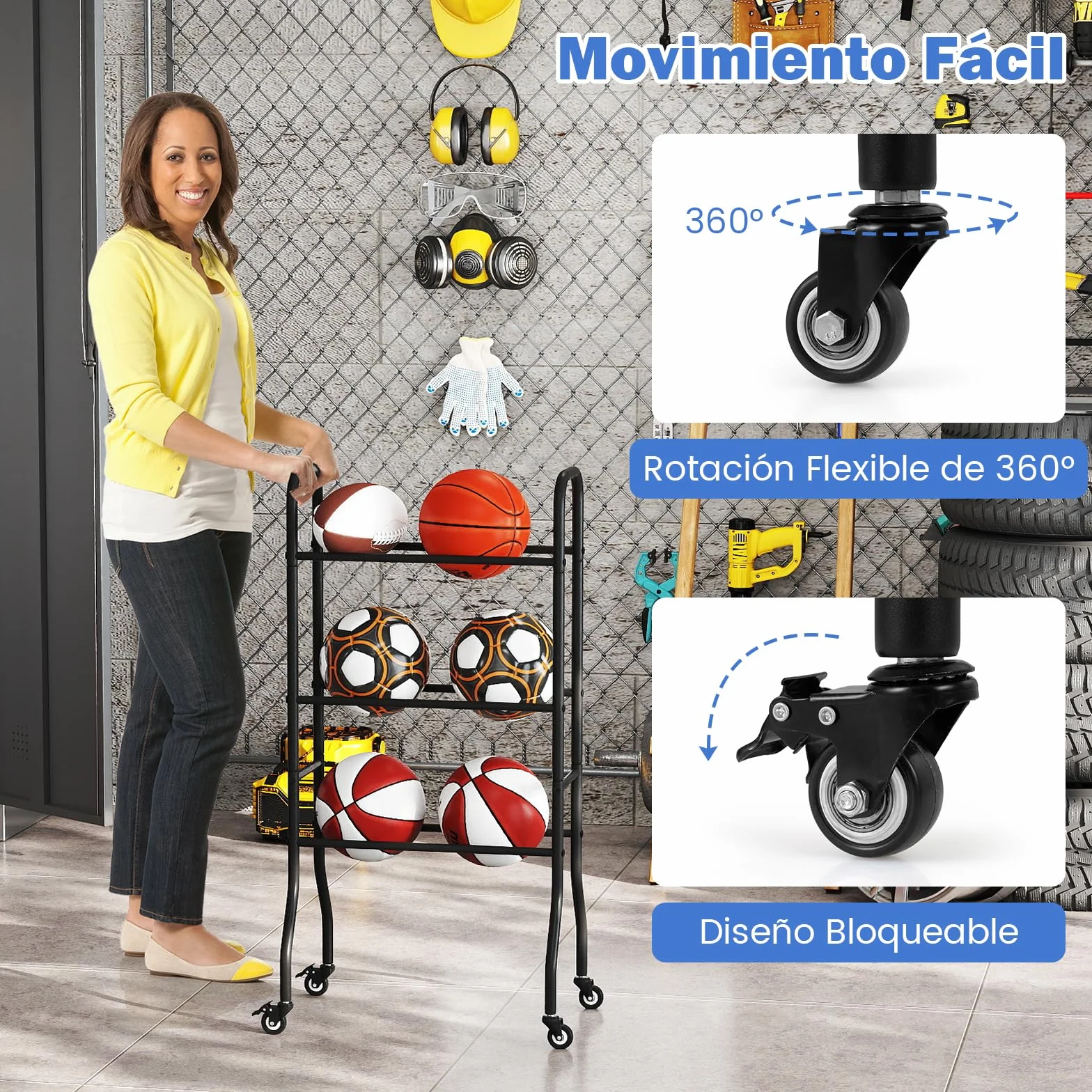 Estantería de Baloncesto 3 Niveles, Carro con 4 Ruedas Universales, Estructura Metálica, Organizador Deportivo para Fútbol y Voleibol