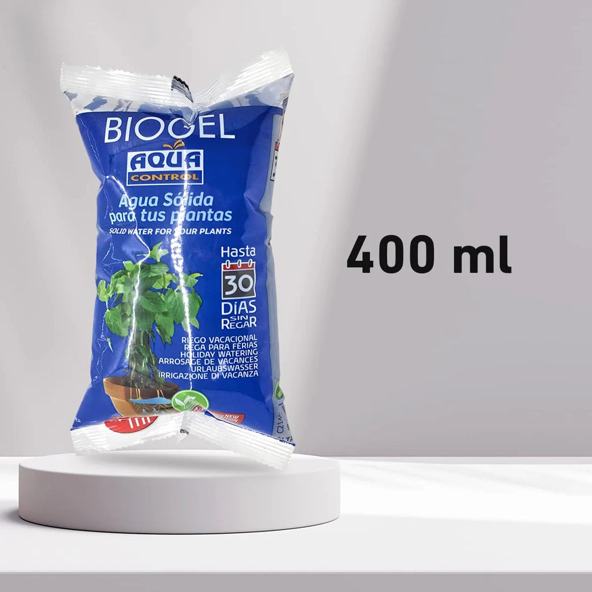 Aqua Control Biogel C2140, Agua Sólida para Tus Plantas, Ideal para Riego en Vacaciones, hasta 30 Días sin Regar, 400 ml