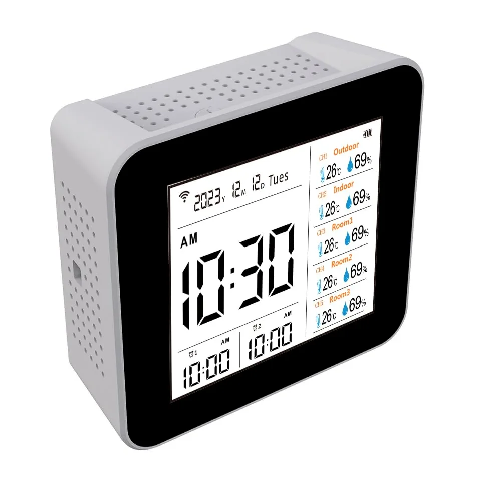 Termómetro Higrómetro Inteligente WIFI para Oficina en Casa, Monitoreo en Tiempo Real Medidor de Humedad de Temperatura 13 1 con Pantalla Hora/alarma, Material ABS Blanco (con 5 subunidades)