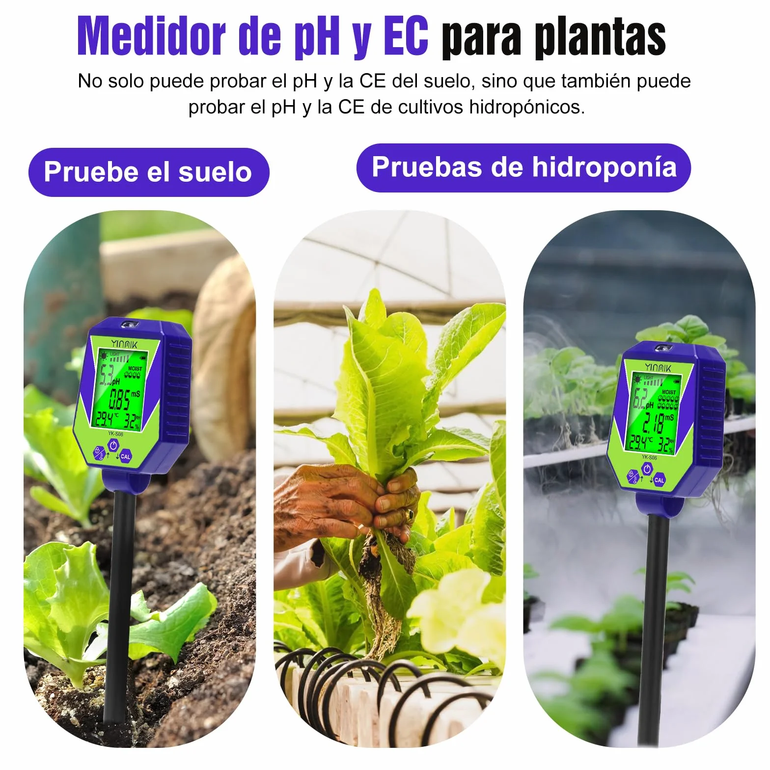 YINMIK Medidor de pH del suelo 6 en 1, medidor inteligente de humedad, conductividad y salinidad, y analizador de calidad del agua. Kit de prueba de pH del suelo ideal para jardines, granjas y bonsáis