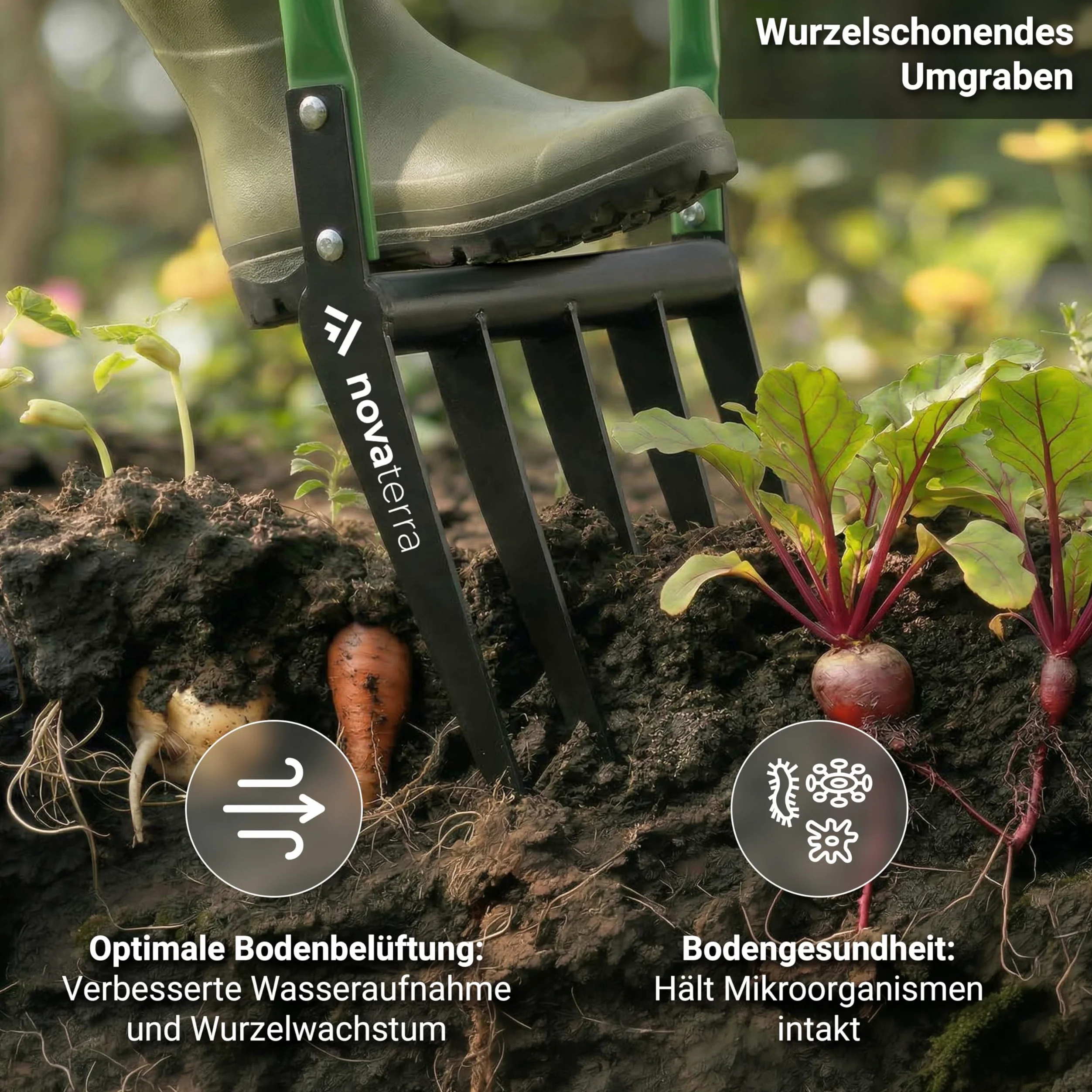 novaterra Horquilla premium con 5 púas – Horquilla ergonómica Broadfork – aflojamiento del suelo que protege la espalda y cavar eficientemente – Tenedor de jardín robusto para macizos de flores